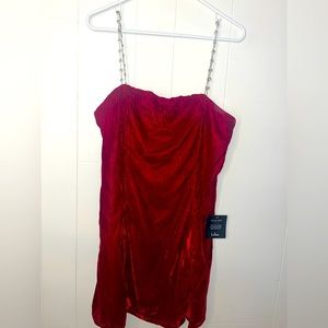 Lulus Red velvet jeweled spaghetti strap mini dress with one sided small slit
